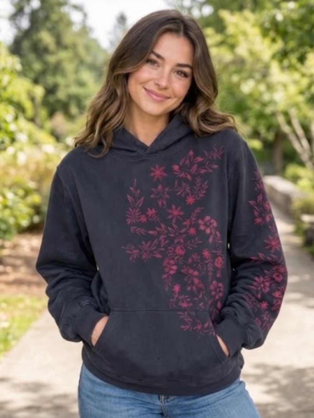 Anthropologie Maeve Floral Embroidered Hoodie Blue Pink Pullover Sweatshirt S